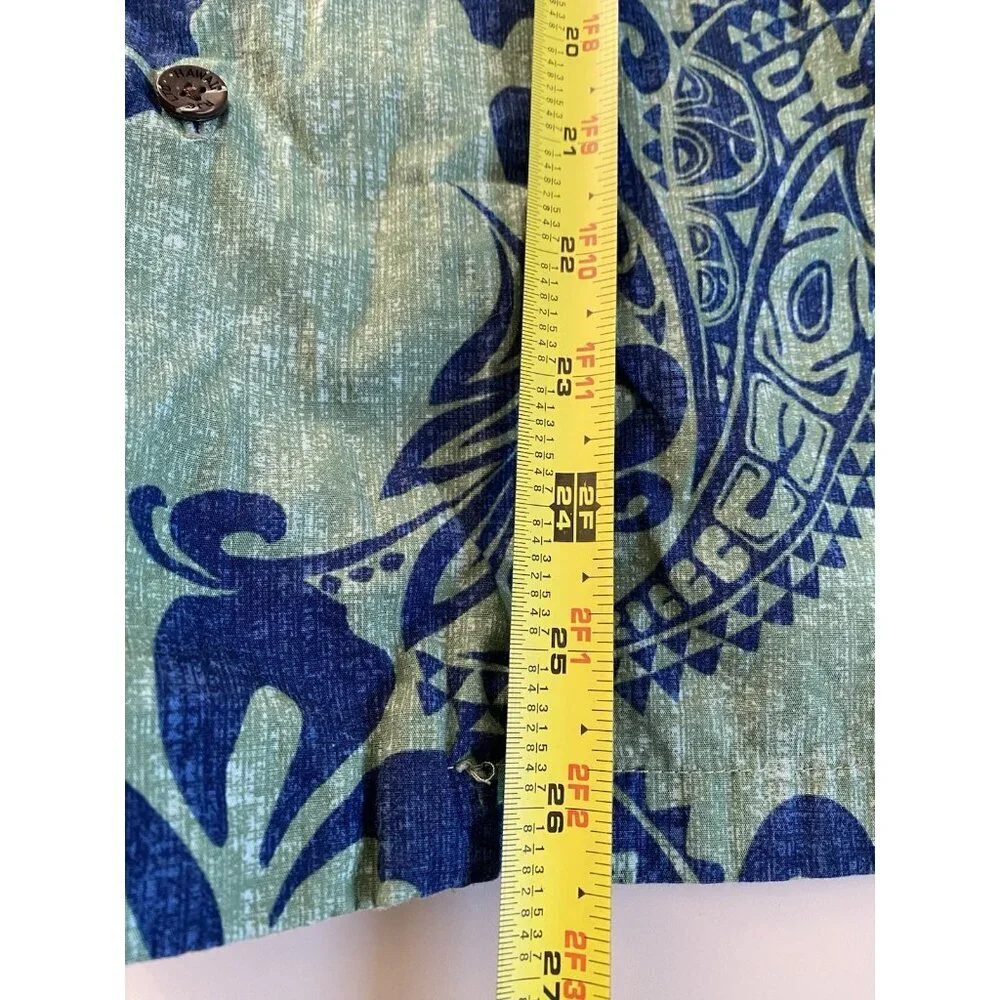 RJC Mens Size S Green & Blue Hawaiian Shirt Geometric Floral Print Made in USA